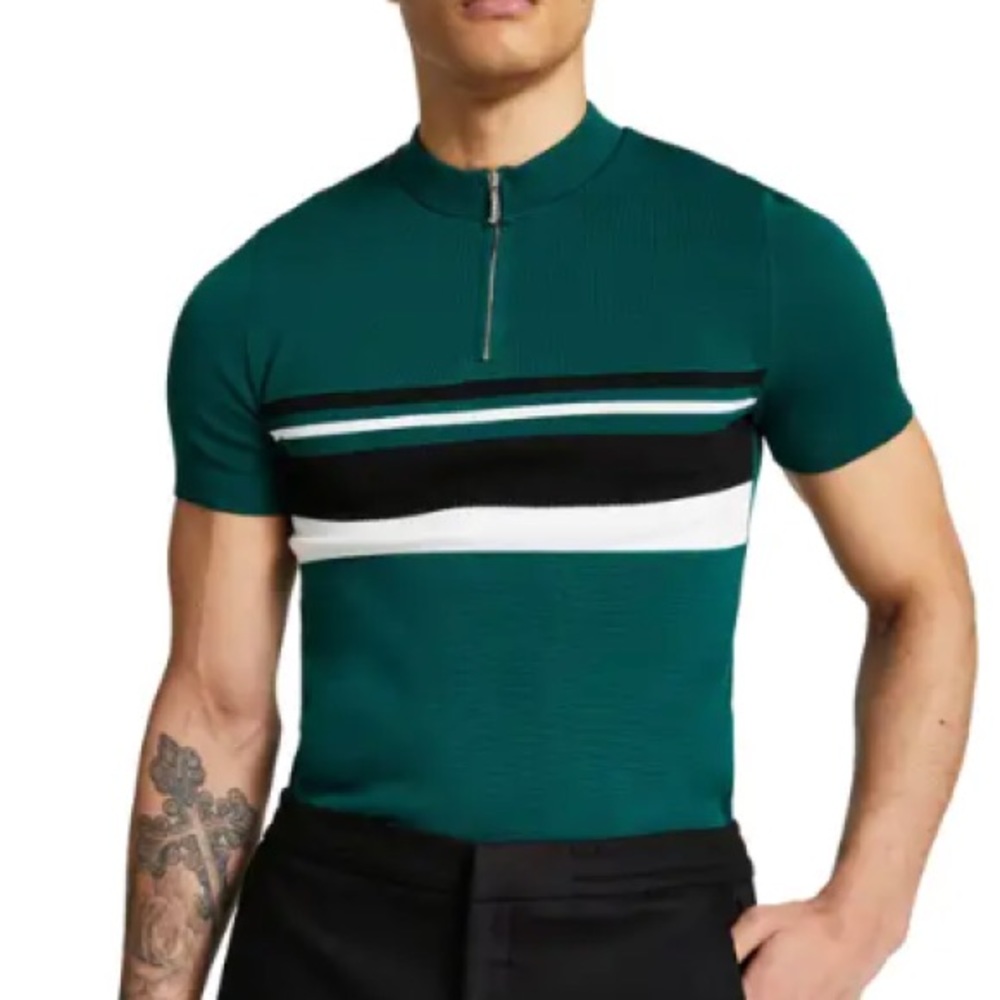 River Island Green Colorblack Half Zip Mock Neck Sweater (Size L / Size Large)